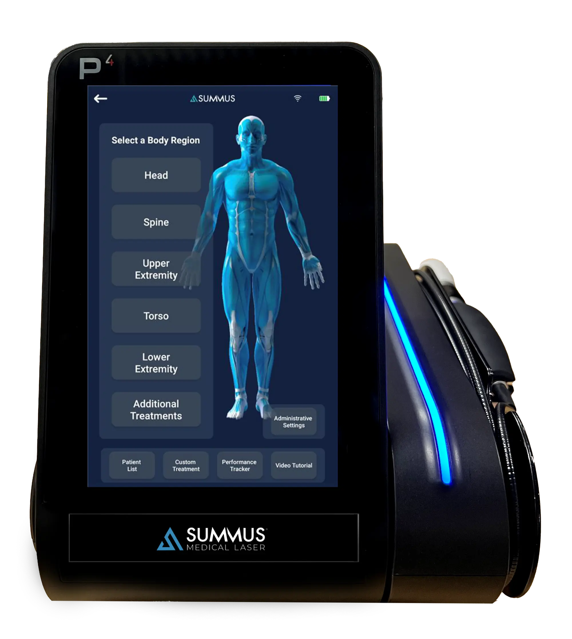 Images shows laser therapy equipment.  Screen show 3d diagram of human body